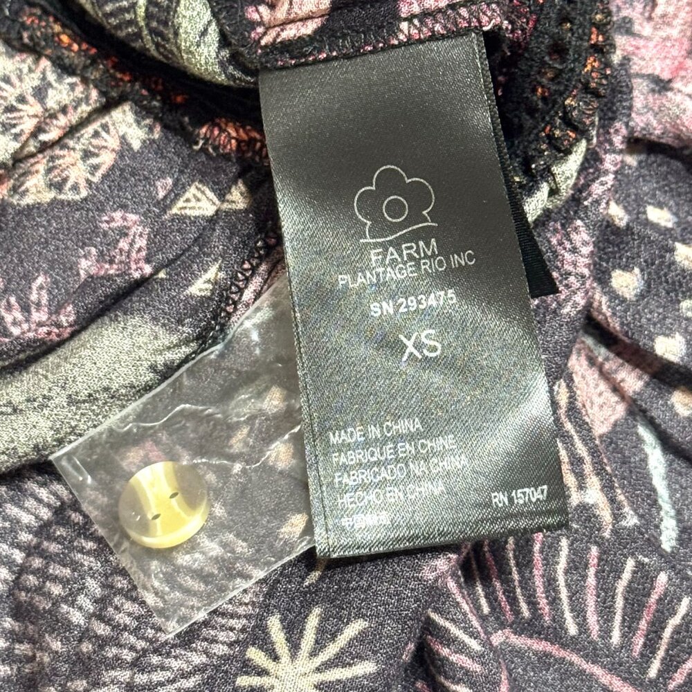 Farm Rio River Creatures Black Floral Mini Dress Tie Belt Button Front Tassels - Picture 11 of 16